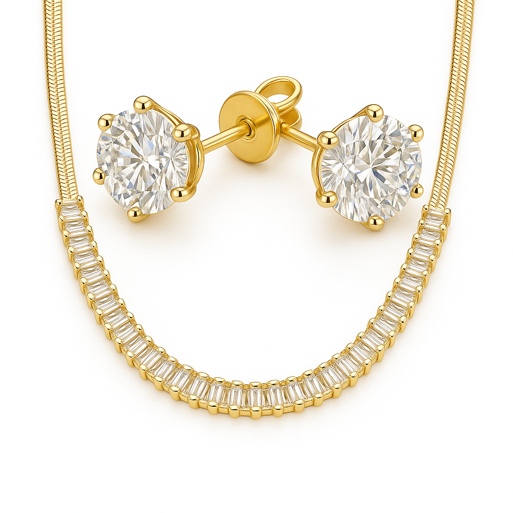 2-Pack Gold Jewelry Set – Baguette Herringbone Necklace & Stud Earrings