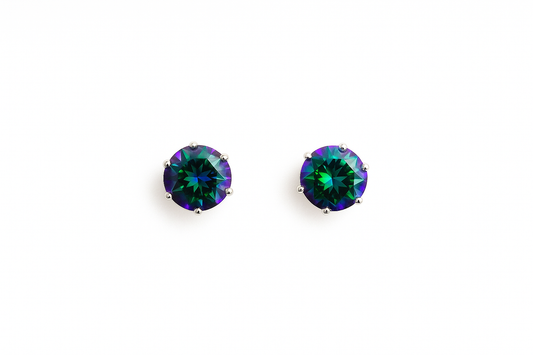 RMZ Mystic Green Aurora Stud Earrings – Iridescent Gemstone Sparkle in Silver Setting