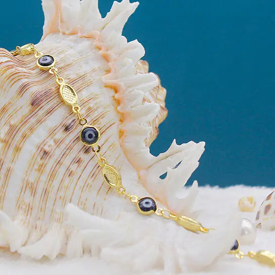 RMZ GOLD NYC EVIL EYE ANKLET 10'' BLUE PLAIN MARINER HIGH POLISH