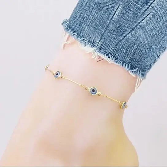 RMZ GOLD NYC 18K GOLD PLATED BAR STYLE LIGHT BLUE EVIL EYE CRYSTAL ANKLET