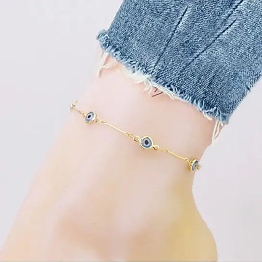 RMZ GOLD NYC 18K GOLD PLATED BAR STYLE LIGHT BLUE EVIL EYE CRYSTAL ANKLET