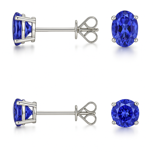 2 PK STERLING SILVER 2.00CT TANZANITE OVAL/ROUND STUD EARRINGS WOMEN AND MEN(2-Pair)