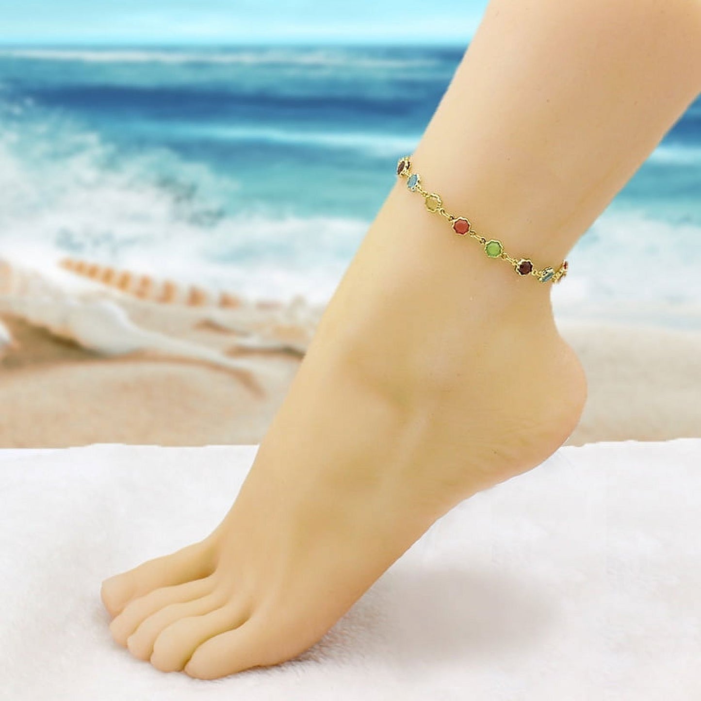 18K GOLD FILLED HIGH POLISH FINSH MULTI COLOR FLOWER CRYSTAL ANKLE BRACELET