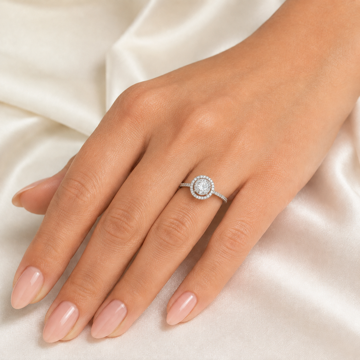 Brilliant Round-Cut CZ Halo Ring with Pavé Band