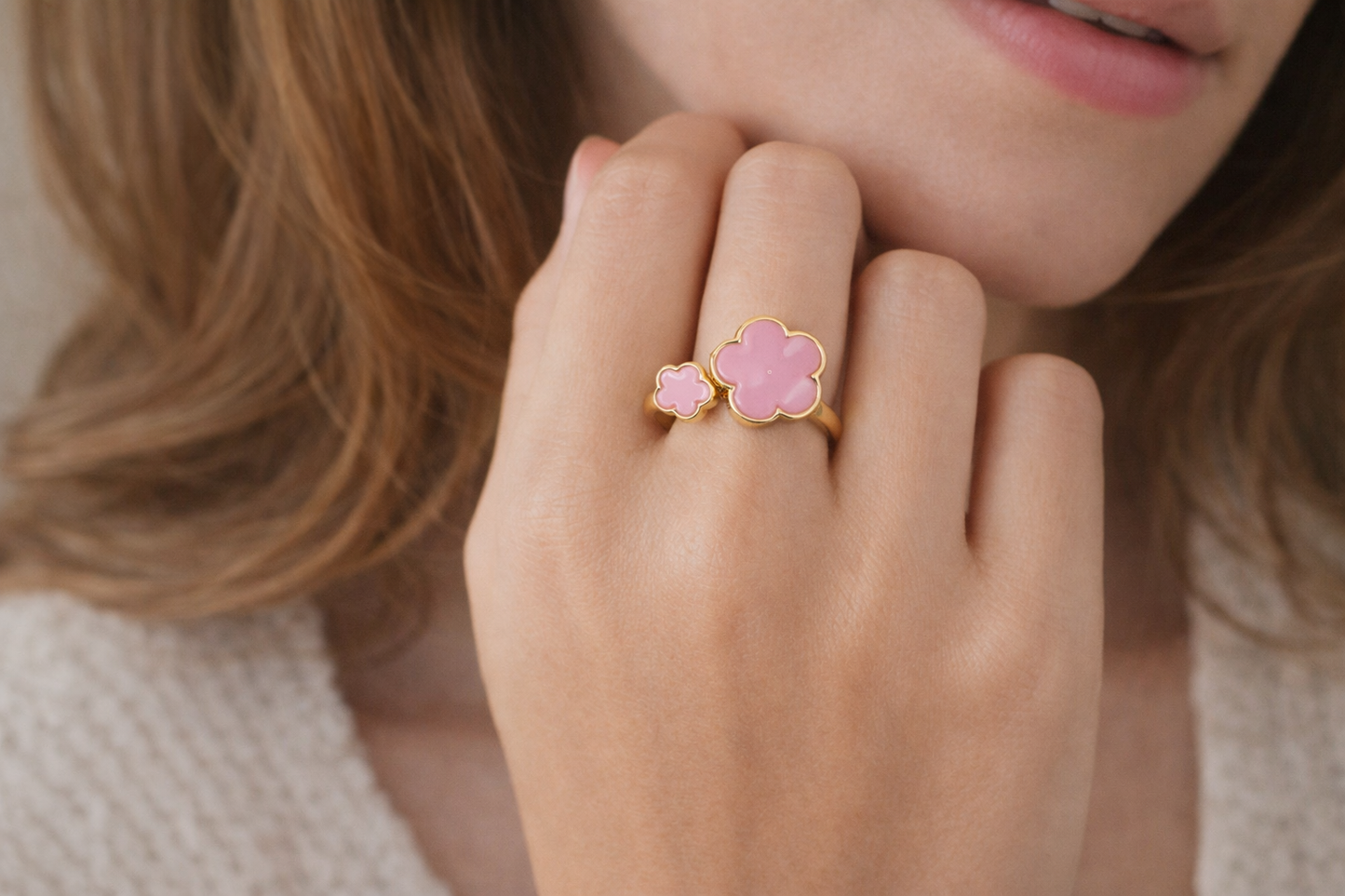 18K Adjustable Flower Ring – Enamel Clover Design, Multiple Colors
