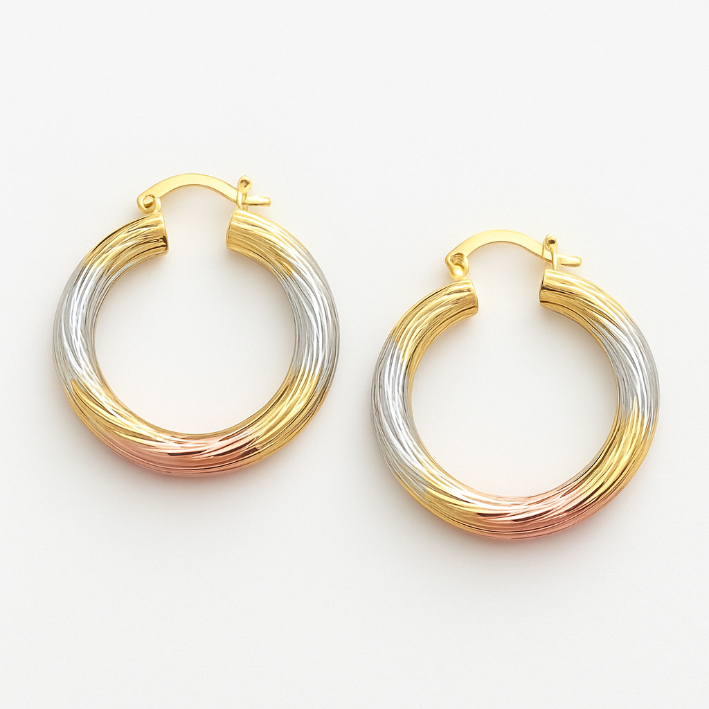 RMZ GOLD NYC 18K Gold Dimond Cut Tricolor Hoop Earrings – 30mm Elegant Italian Style Hoops