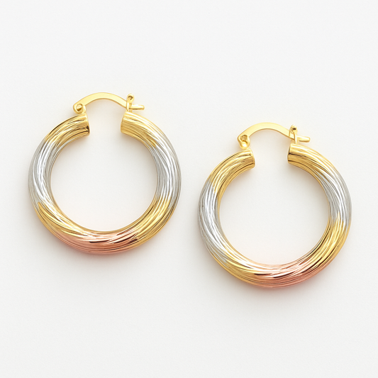 RMZ GOLD NYC 18K Gold Dimond Cut Tricolor Hoop Earrings – 30mm Elegant Italian Style Hoops
