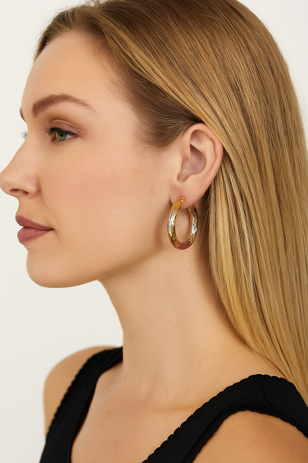 RMZ GOLD NYC 18K Gold Dimond Cut Tricolor Hoop Earrings – 30mm Elegant Italian Style Hoops