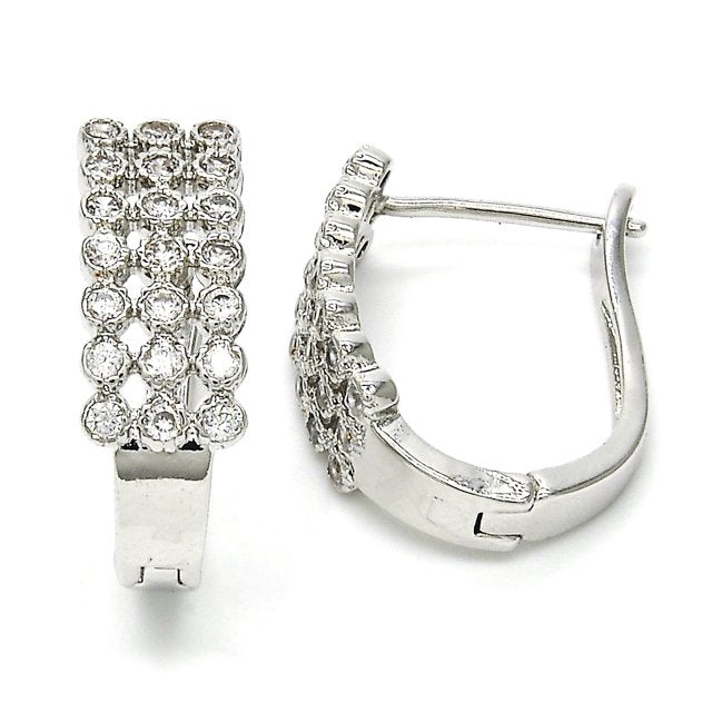 Silver High Polish Finish Huggie Hoop with Micro Pave Rhodium Tone