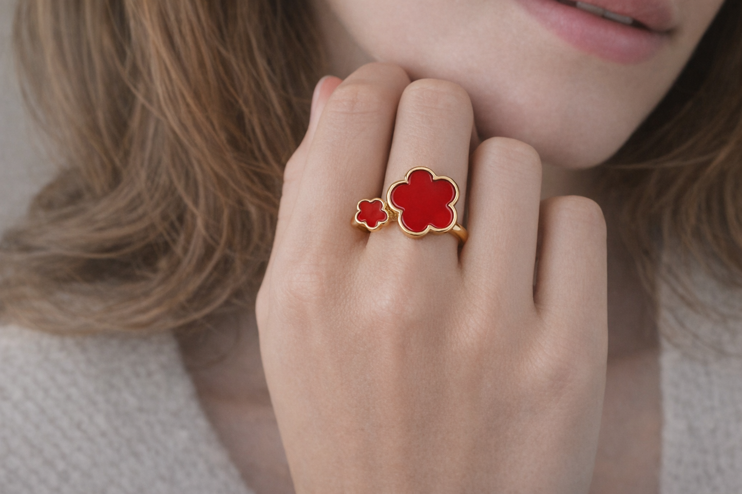 18K Adjustable Flower Ring – Enamel Clover Design, Multiple Colors