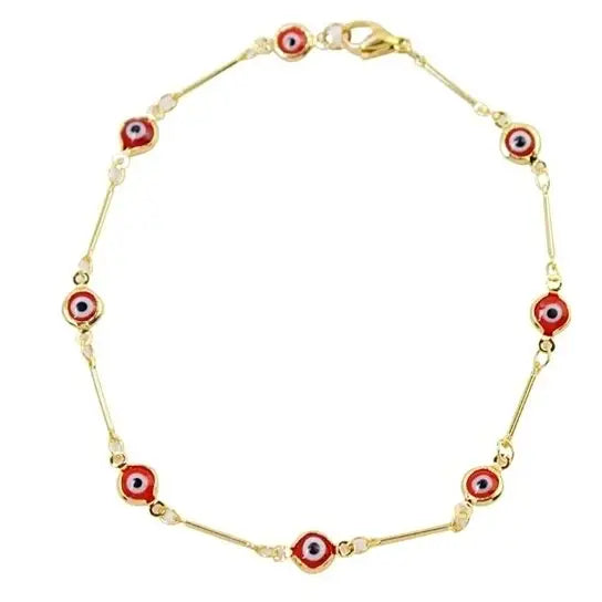 RMZ GOLD NYC 18K GOLD PLATED BAR STYLE RED EVIL EYE CRYSTAL ANKLET