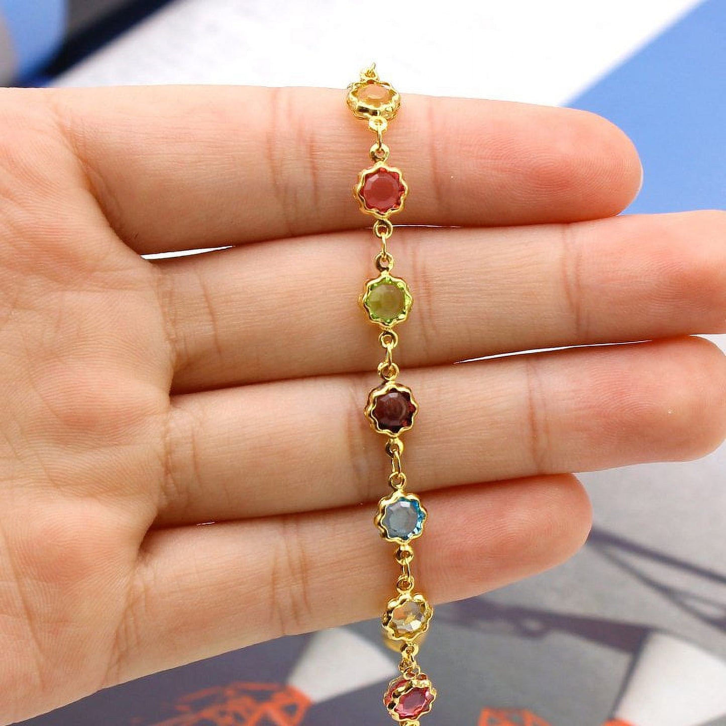 18K GOLD FILLED HIGH POLISH FINSH MULTI COLOR FLOWER CRYSTAL ANKLE BRACELET