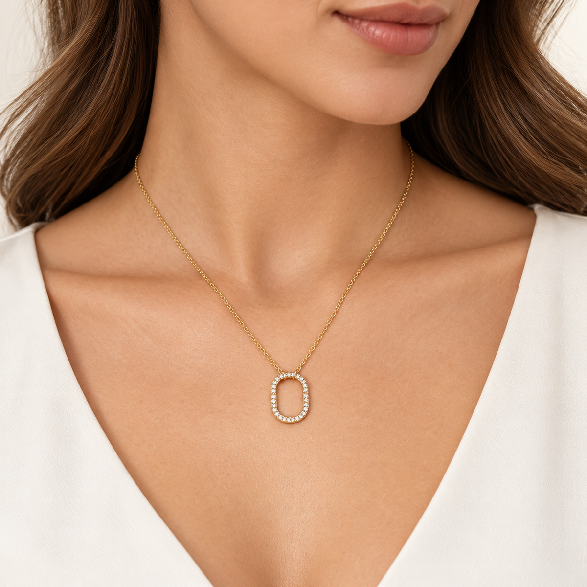 White Gold Pavé Open Oval Pendant Necklace