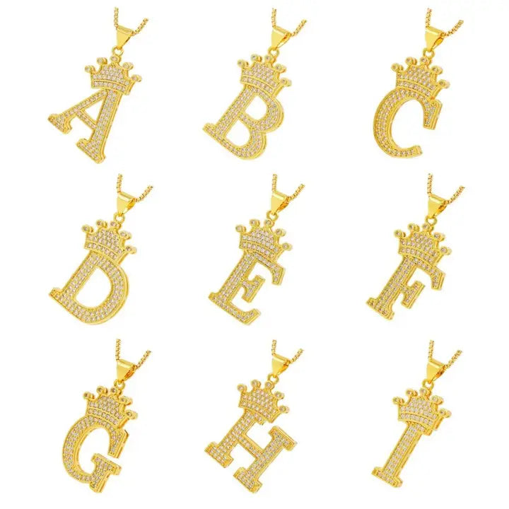 RMZ GOLD NYC A-Z Alphabet Initial Crown Pendant Necklace Unisex All ages