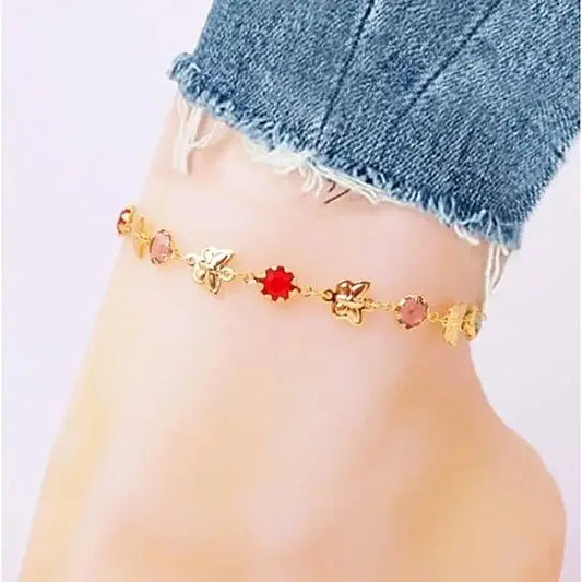 18K Gold Filled Butterfly Ankle Bracelet with Multi-Color Crystal Stones – Dainty & Elegant