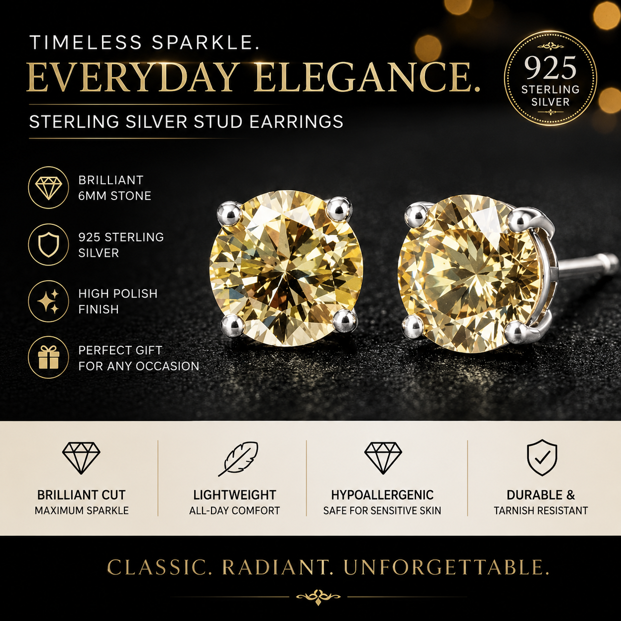 6mm Champagne Moissanite Stud Earrings in 925 Sterling Silver