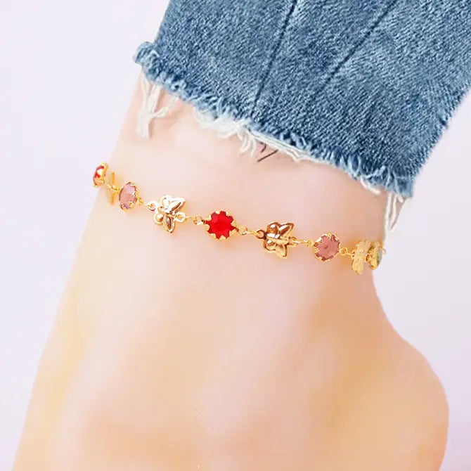 Multicolor Crystal Butterfly Ankle Bracelet