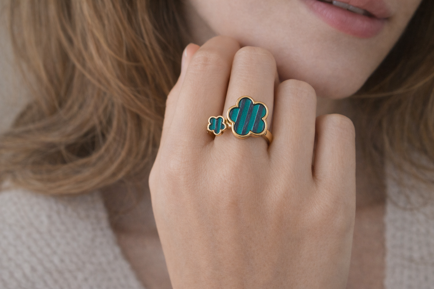18K Adjustable Flower Ring – Enamel Clover Design, Multiple Colors
