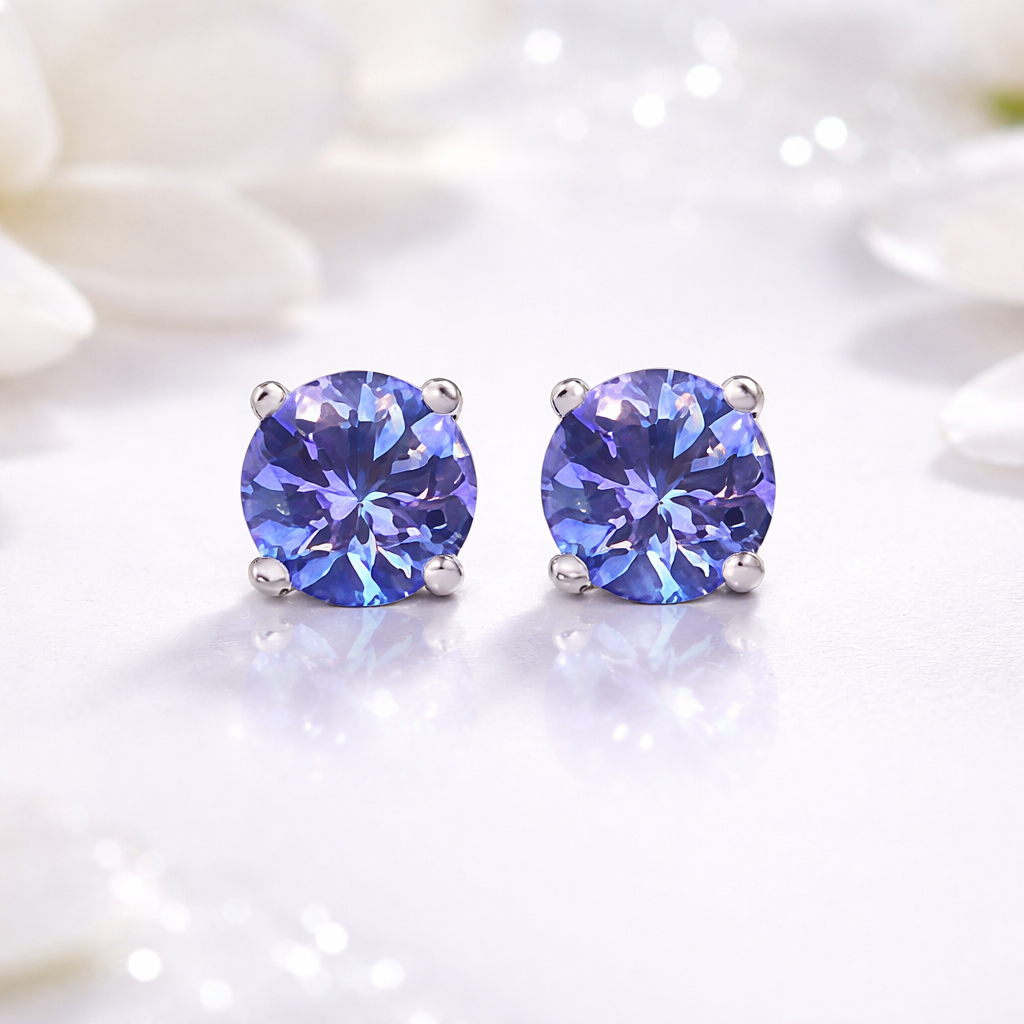 RMZ GOLD NYC 925 Sterling Silver Genuine Tanzanite Round Stud Earrings 1.60 TCW