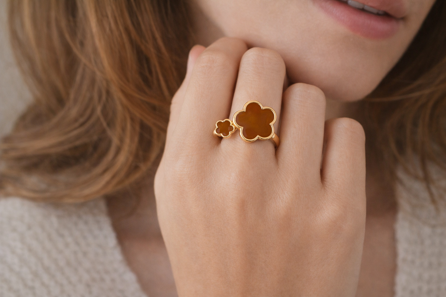 18K Adjustable Flower Ring – Enamel Clover Design, Multiple Colors