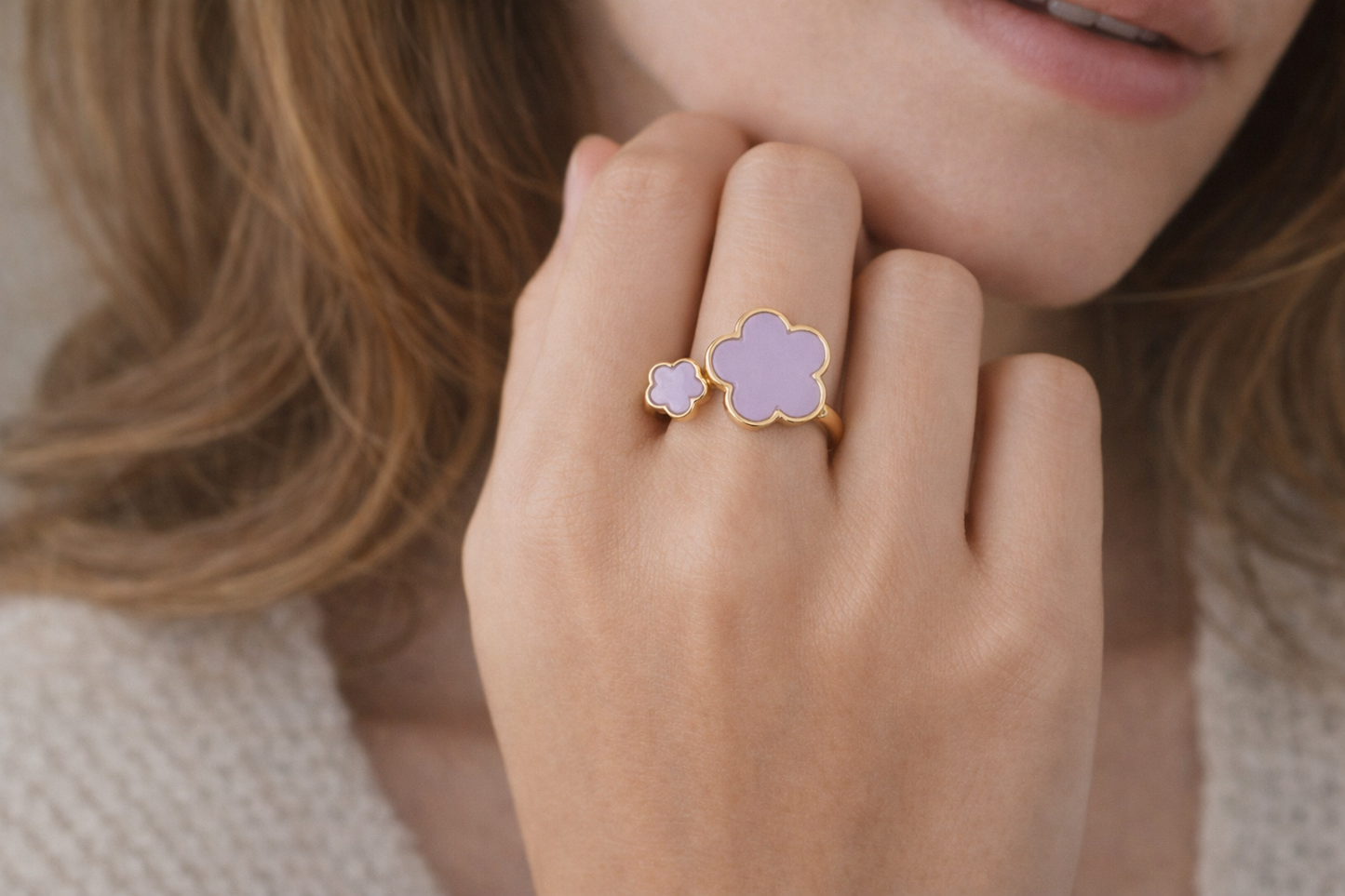 18K Adjustable Flower Ring – Enamel Clover Design, Multiple Colors