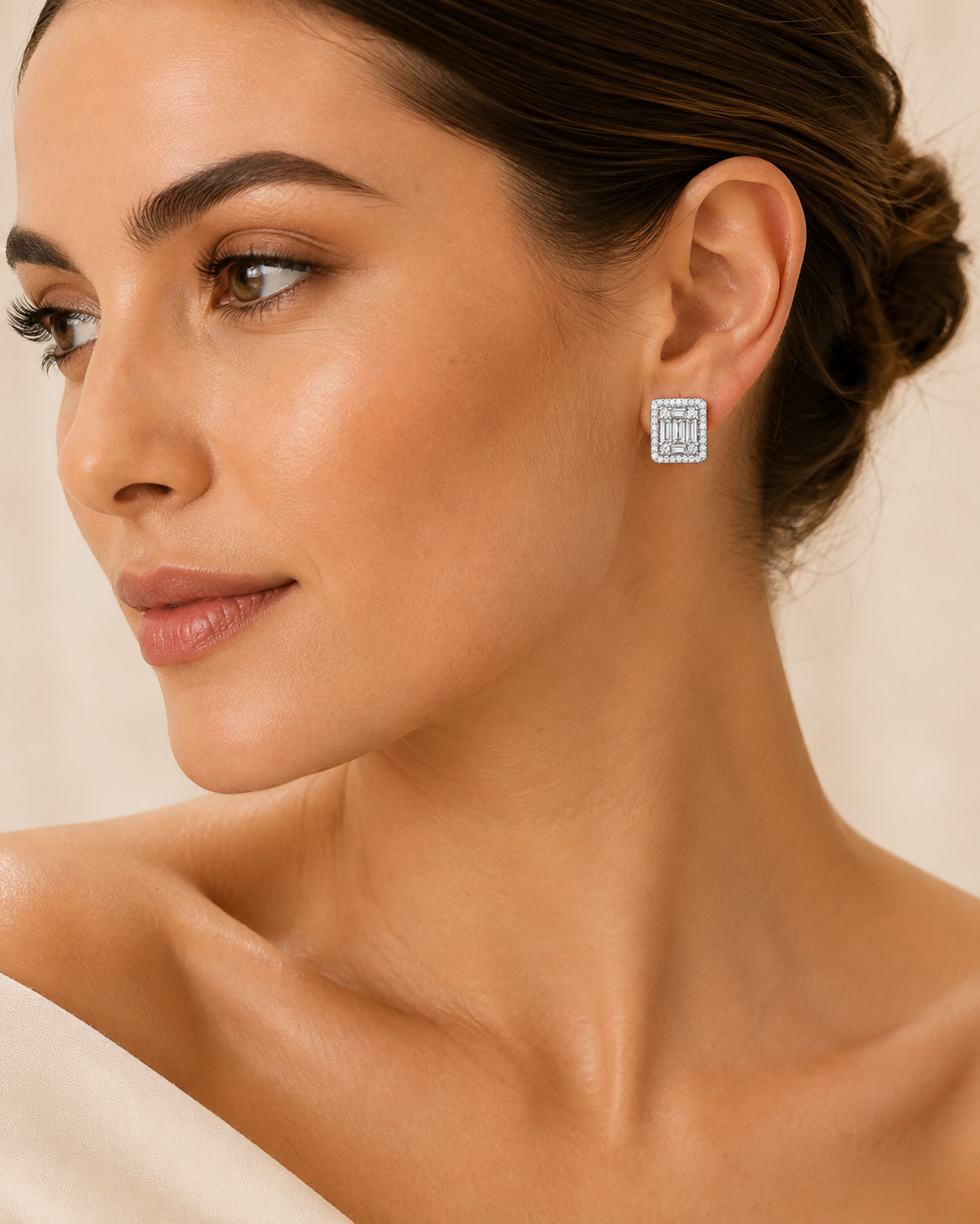 Baguette Cut CZ Rectangular Halo Stud Earrings