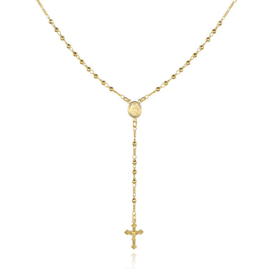 14K Gold Virgin Mary Rosary Bead Cross Necklace 18''