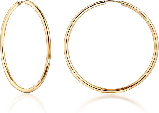 14K Gold Endless Hoop Earrings, 2mm Thick