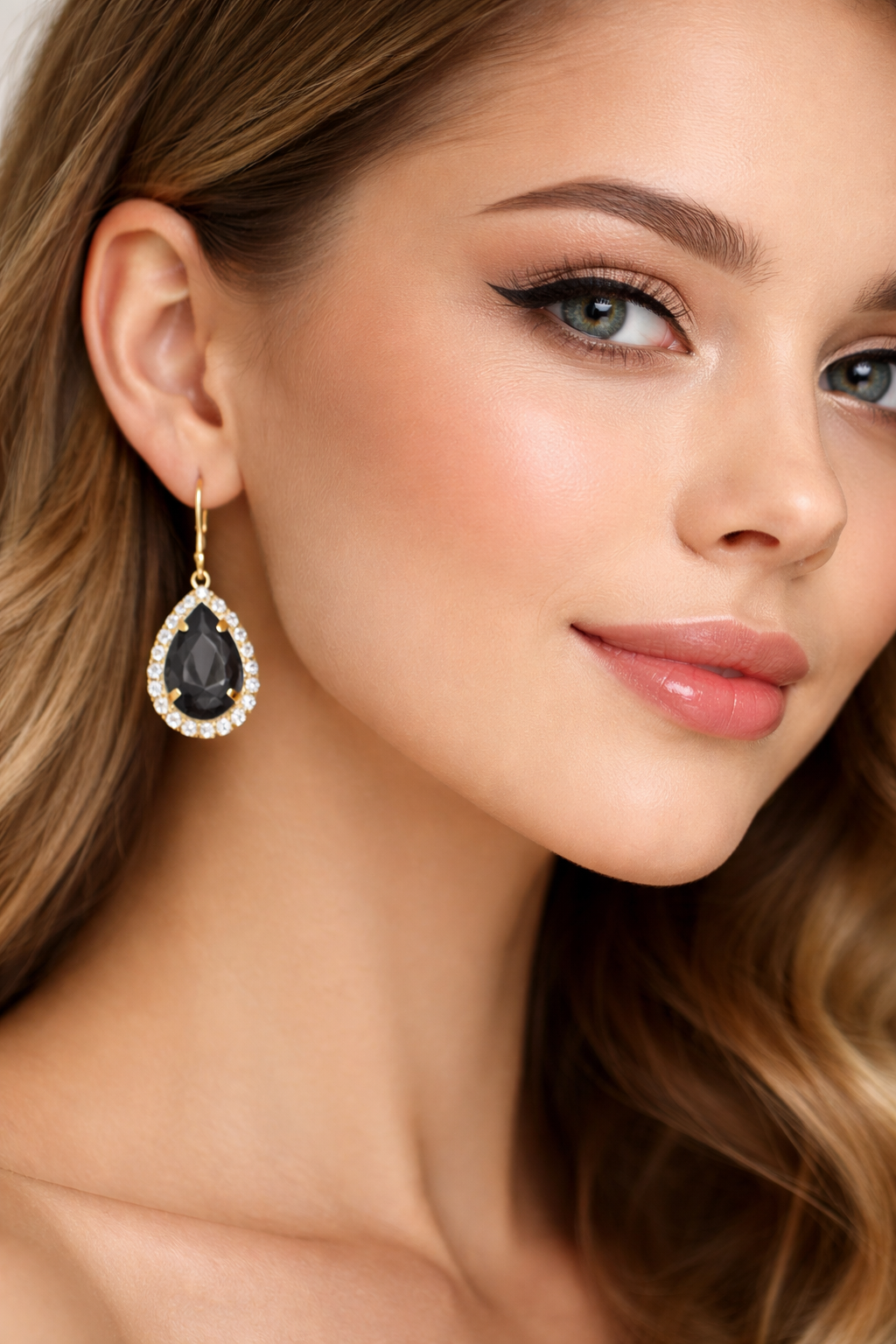 Gold Black Sapphire Yellow Crystal Tear Drop Hanging Earrings