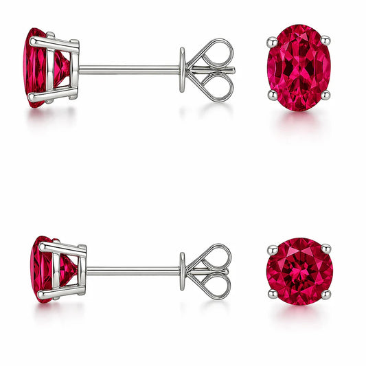2 PK STERLING SILVER 2.00CT RUBY OVAL/ROUND STUD EARRINGS WOMEN AND MEN(2-Pair)