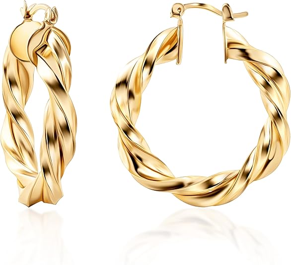 18K Gold Twisted Hoop Earrings Intertwined Earrings, 5 mm Thick x 40 mm Length, Gold Tone Hoop Earrings High Polish Finish, Made in Brazil