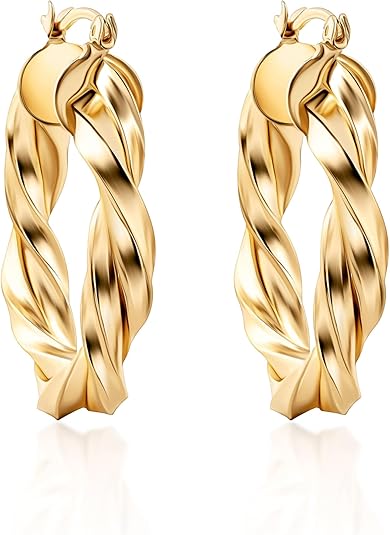 18K Gold Twisted Hoop Earrings Intertwined Earrings, 5 mm Thick x 40 mm Length, Gold Tone Hoop Earrings High Polish Finish, Made in Brazil