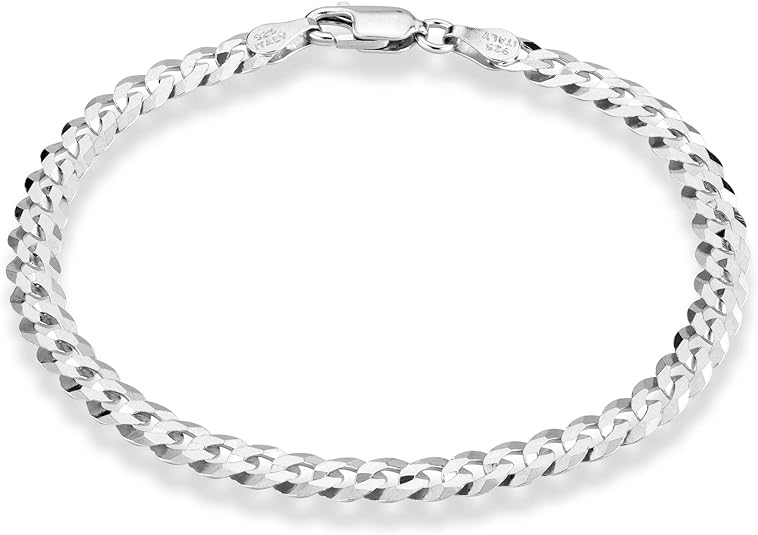 925 Sterling Silver Italian 4mm Solid Diamond-Cut Cuban Link Curb Chain Bracelet for Men Women, Made in Italy