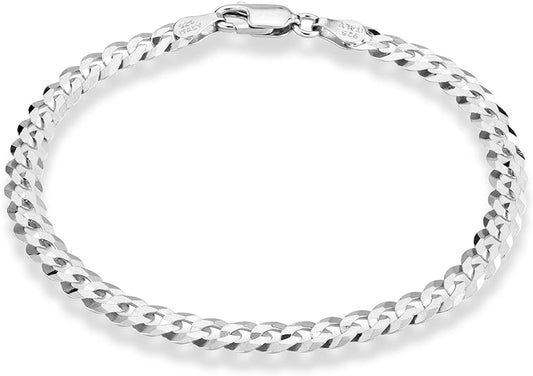 925 Sterling Silver Italian 4mm Solid Diamond-Cut Cuban Link Curb Chain Bracelet for Men Women, Made in Italy