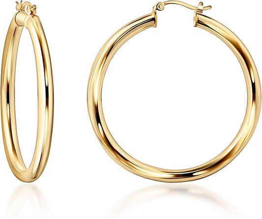 18K Gold 4MM Solid Hoop Earrings For Women, High Polish Finish, Tarnish Free. Made In Brazil