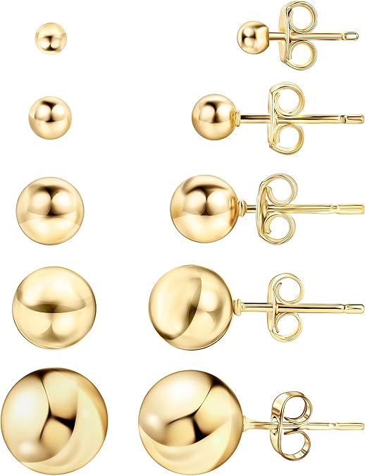 14k Gold Ball Stud Earrings Set, Sizes 3-14MM,  High Polish Finish Ball Suds