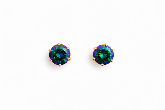 Mystic Green Aurora Stud Earrings – Iridescent Gemstone Sparkle in Gold Setting