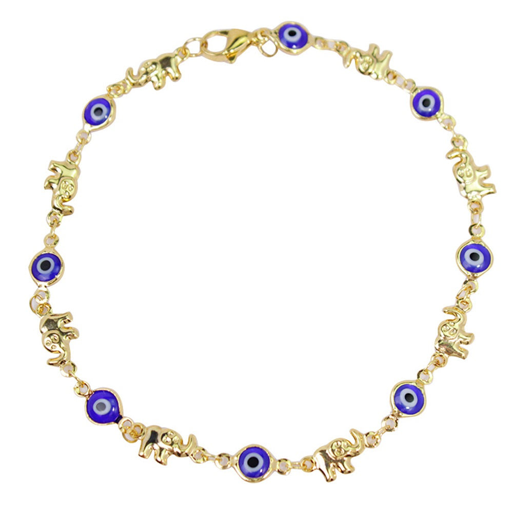 RMZ GOLD NYC 18K-Gold-Plated Elephant Blue Evil Eye Crystal Anklet