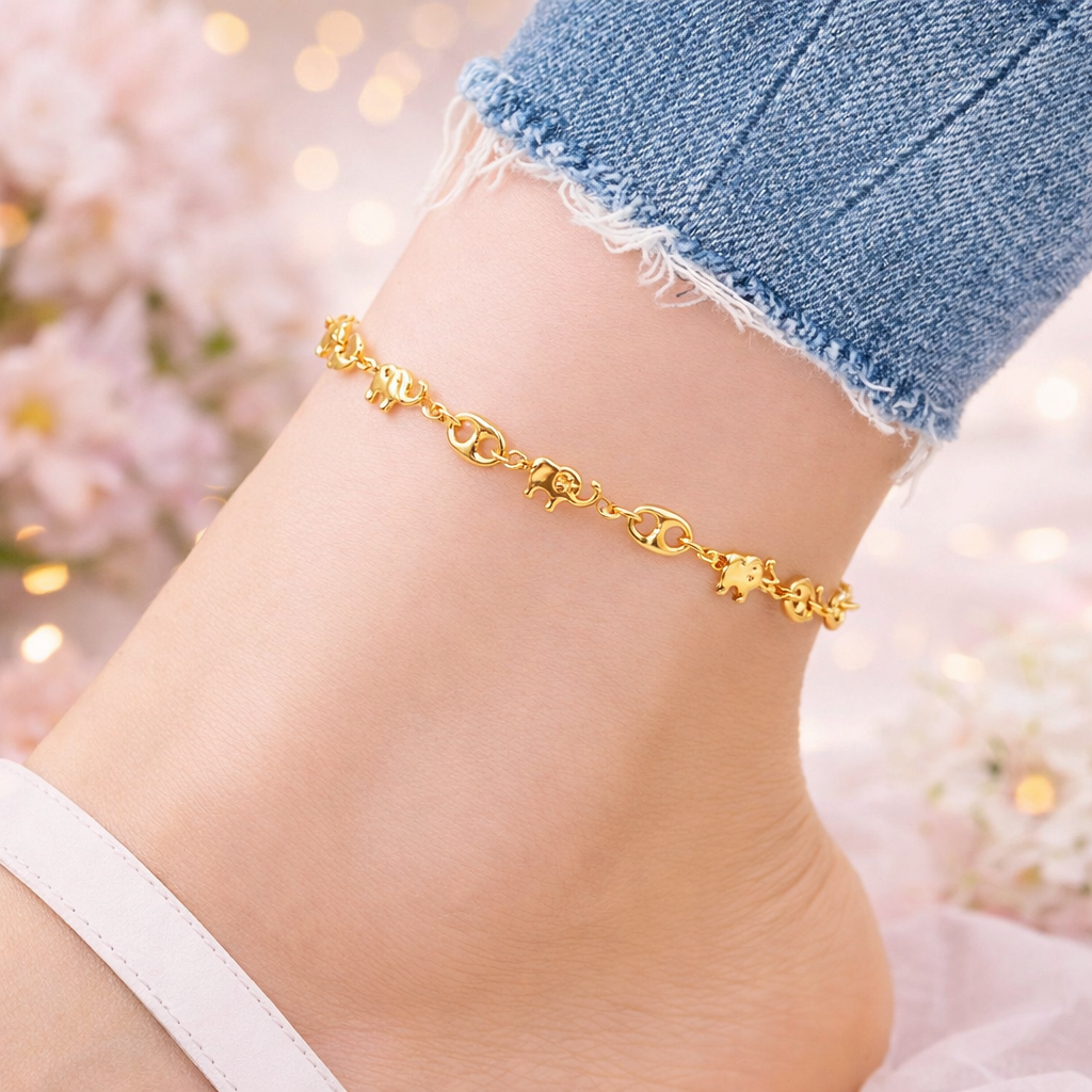 Gold Elephant Puffy Mariner Charm Bracelet – 7.5” 10” Lucky Elephant Link Chain