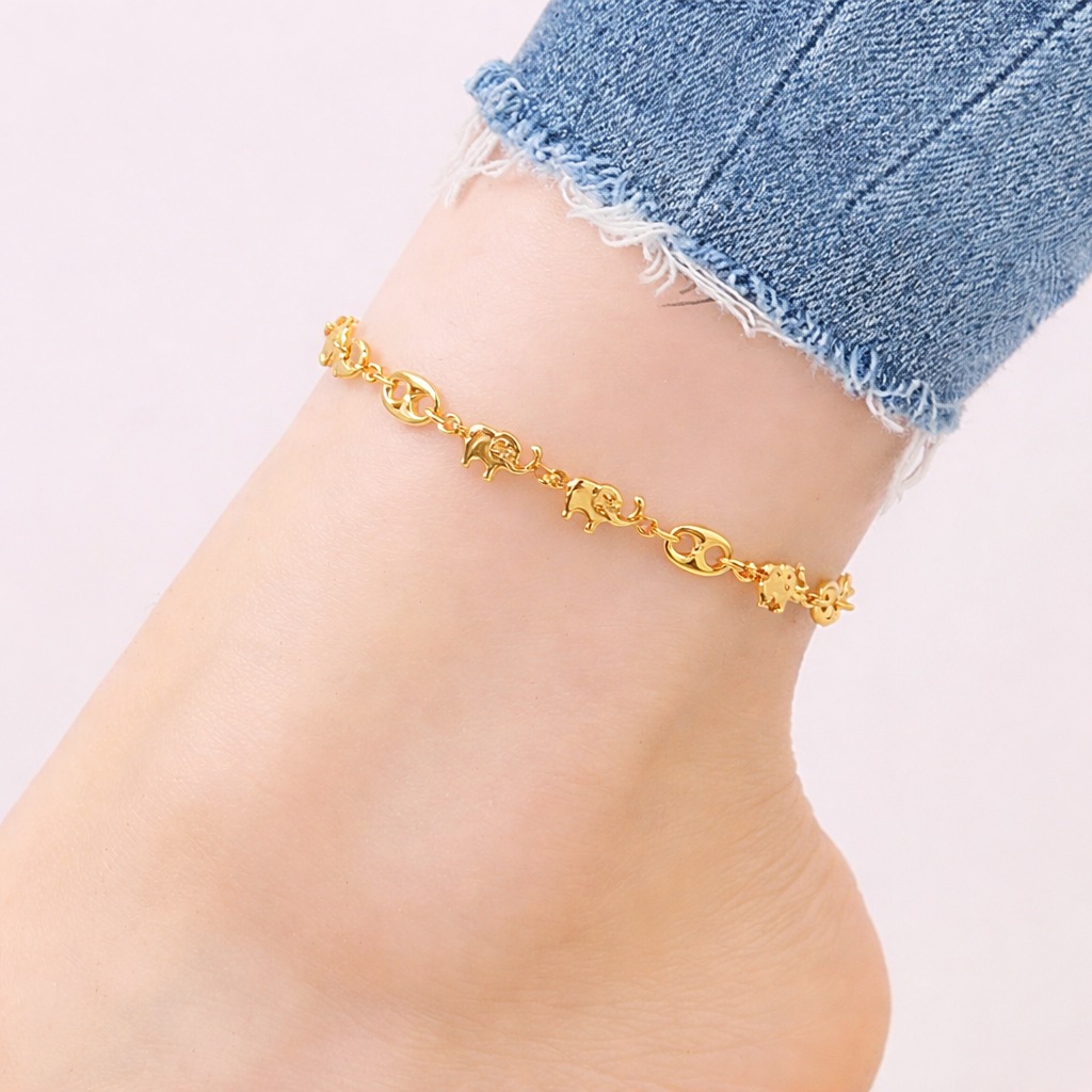 Gold Elephant Puffy Mariner Charm Bracelet – 7.5” 10” Lucky Elephant Link Chain