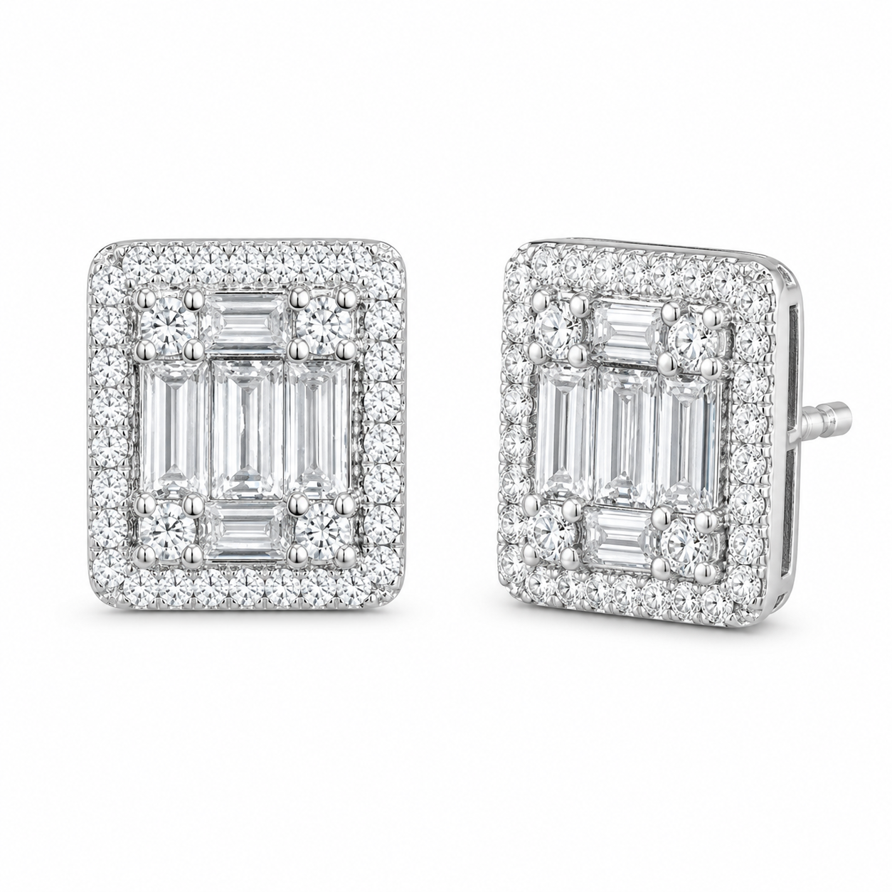 Baguette Cut CZ Rectangular Halo Stud Earrings