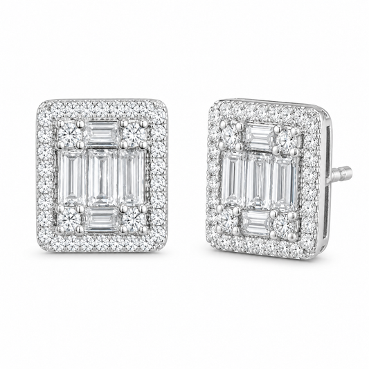 Baguette Cut CZ Rectangular Halo Stud Earrings