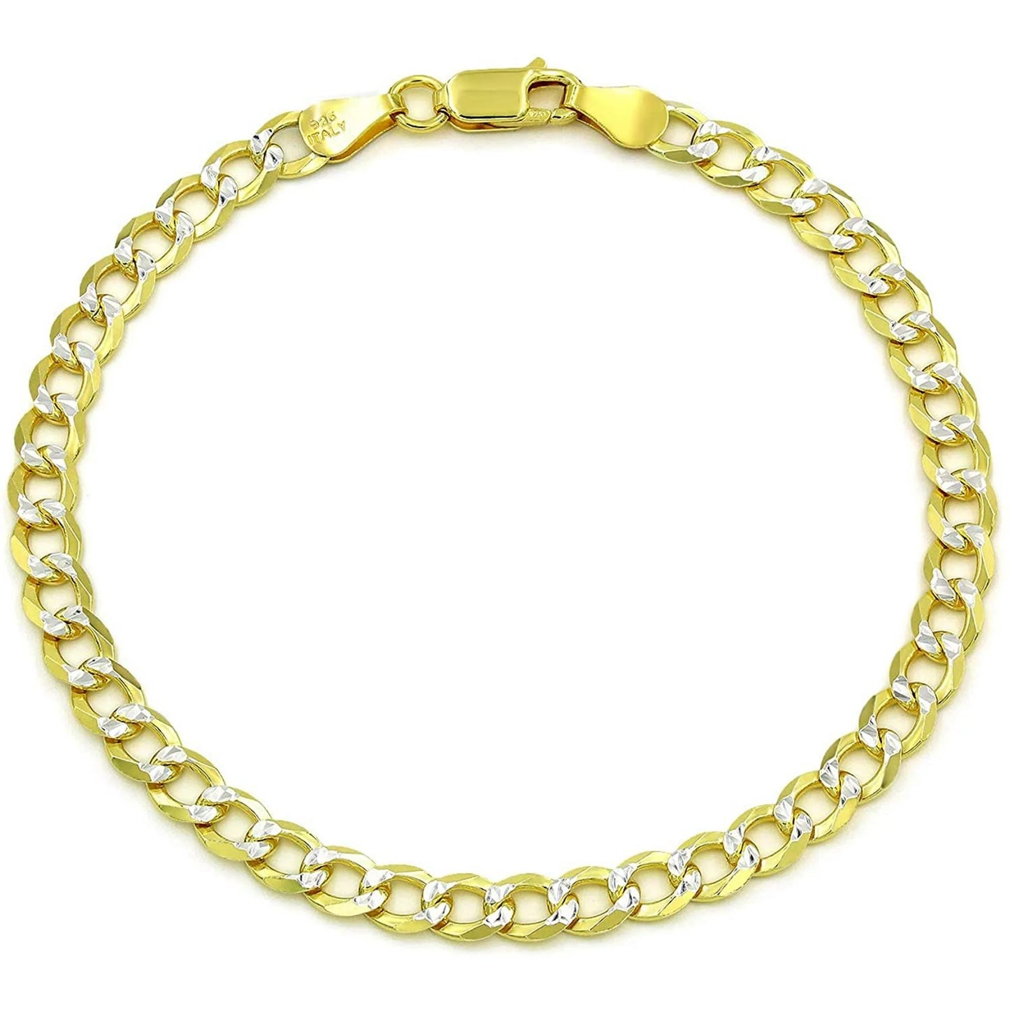 925 Italian Sterling Silver 3mm Solid Cuban Diamond Cut Bracelet Yellow Gold Plated Pave Curb Link Chain 7"