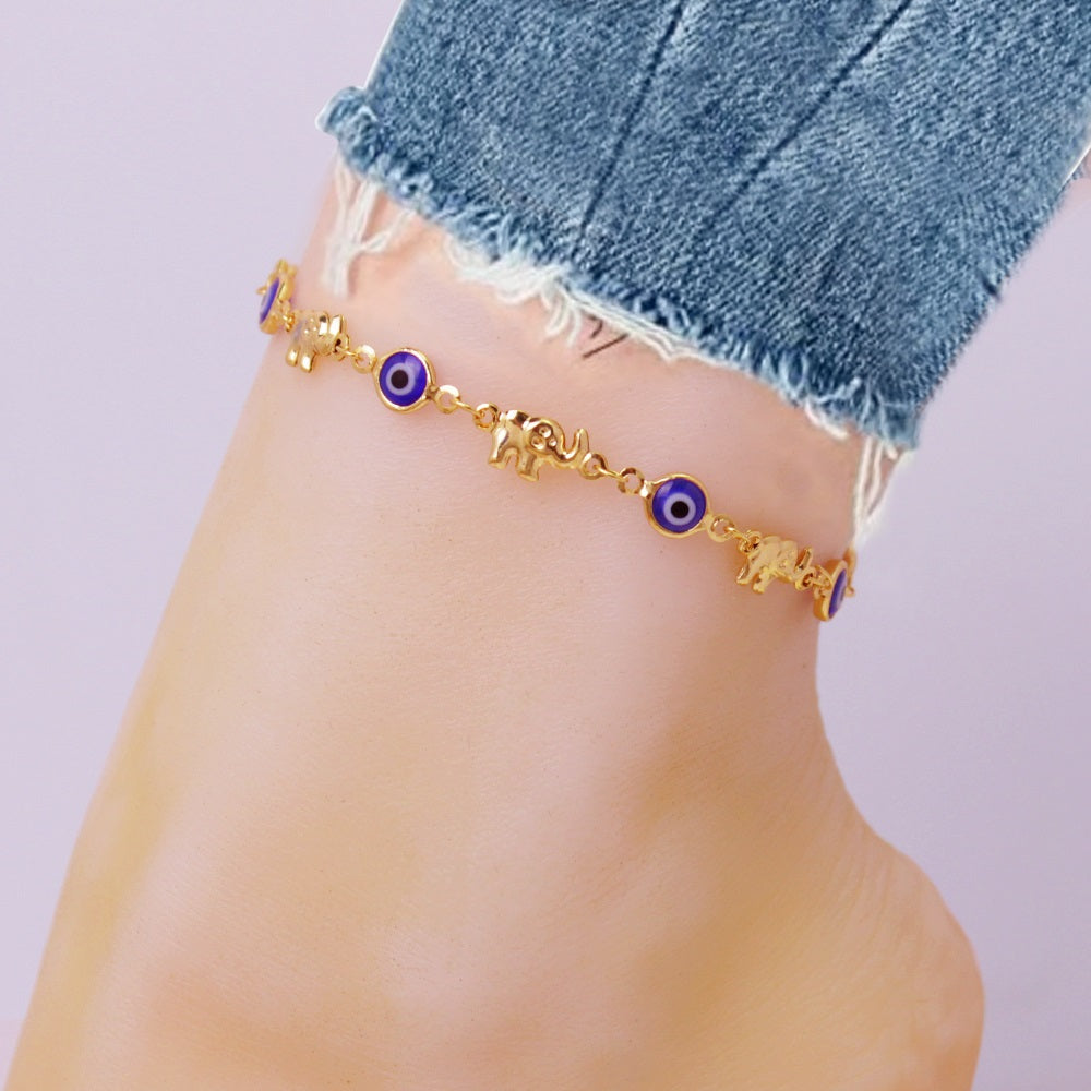 RMZ GOLD NYC 18K-Gold-Plated Elephant Blue Evil Eye Crystal Anklet