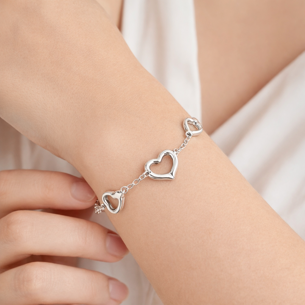 925 Sterling Silver Filled Open Heart Charm Bracelet – 7.5” Elegant Minimalist Love Jewelry