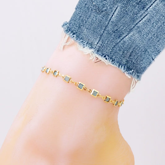 18K-Gold-Plated Light Blue Square-Crystal Anklet