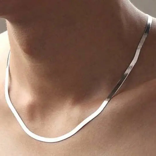 RMZ GOLD NYC 18K White Gold Plated Herringbone Chain – Sleek & Unisex Flat Necklace