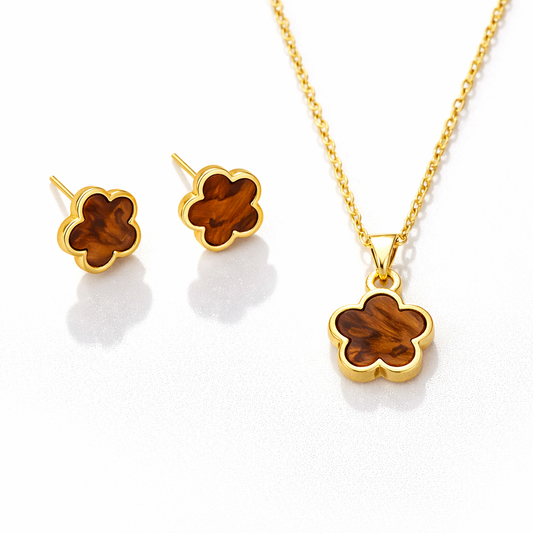 Gold Plated Clover Necklace, Charm & Earrings Set