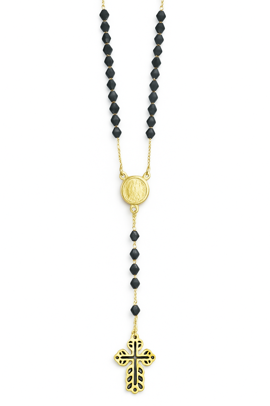 18k Gold Filled Guadalupe Rosary Necklace with Black Beads & Filigree Cross