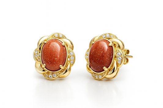 Gold Sunstone & Diamond Floral Stud Earrings – Vintage Inspired Oval Gemstone Earrings in 18K Gold Finish